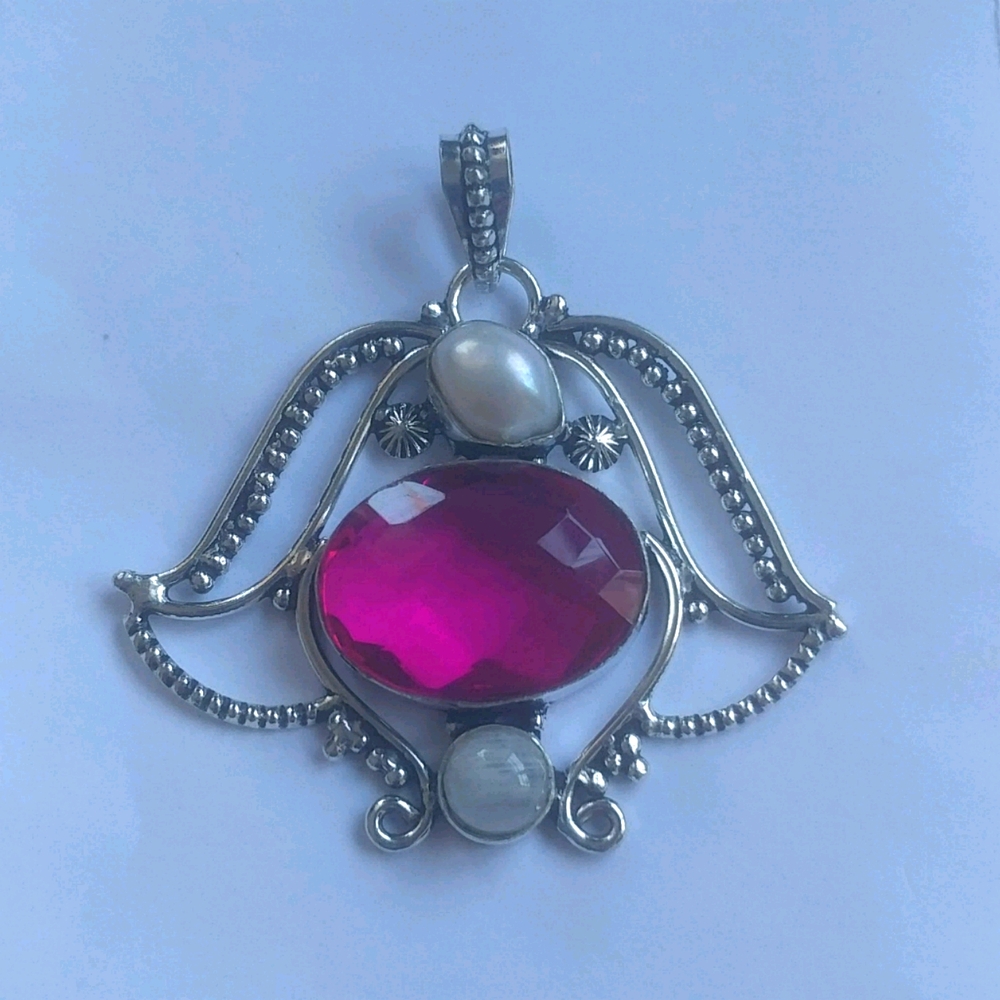 Pearl, Peach Quartz and Moonshine pendant